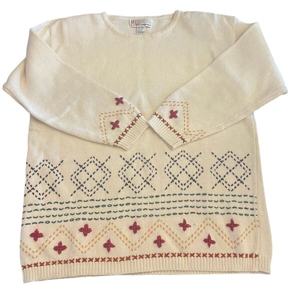 Womens Scandi Nordic Embroidered Ivory Sweater Sz M Rustic Cabincore Cozy VTG - Picture 2 of 16